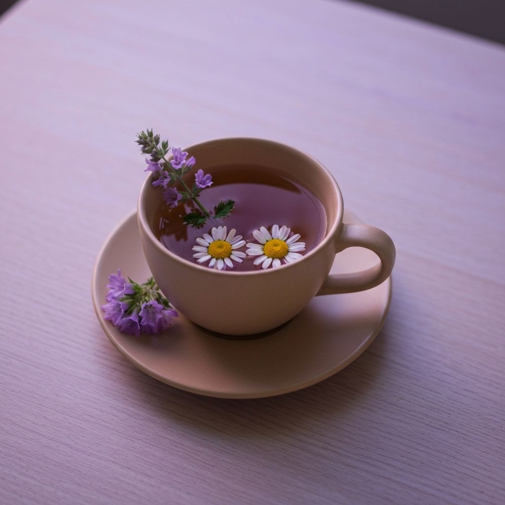 Ciepła herbata ziołowa z melisą i rumiankiem w ceramicznej filiżance